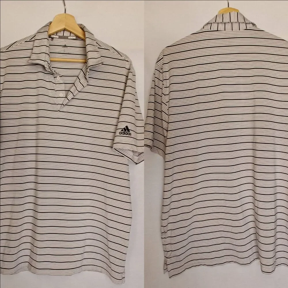Adidas Shirt Polo Striped White Black Gray Large Golf Climate Short‎ Sleeve L